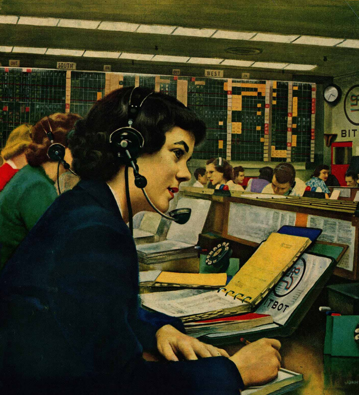 Vintage painting of a woman with microphone headset working for Bitbot, Inc. among others in a call center